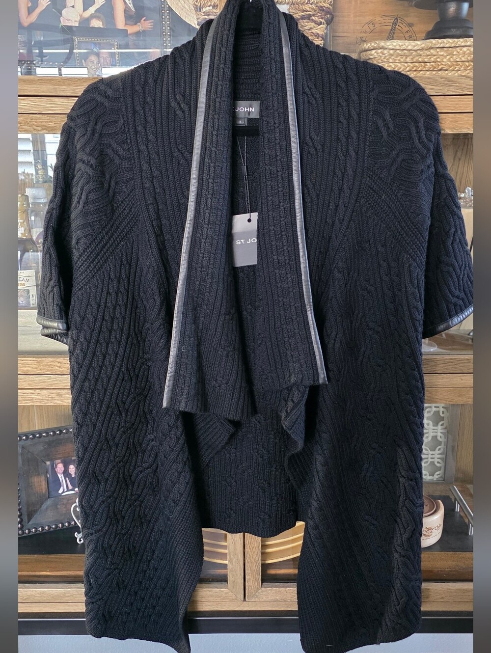 NWT ST. JOHN | $995 Waterfall Open Front Cardigan w/Leather Trim